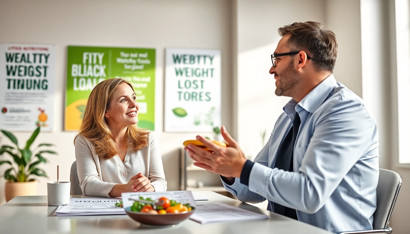 Nutritionist discussing a personalized weight loss regime with a client in an inviting office.