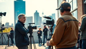 Showcasing engagement in edmonton production companies with a director working in a vibrant urban setting.