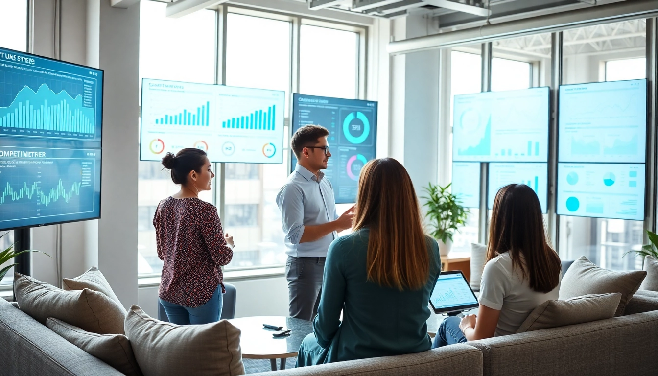 Team conducting competitive intelligence analysis in a modern office environment.