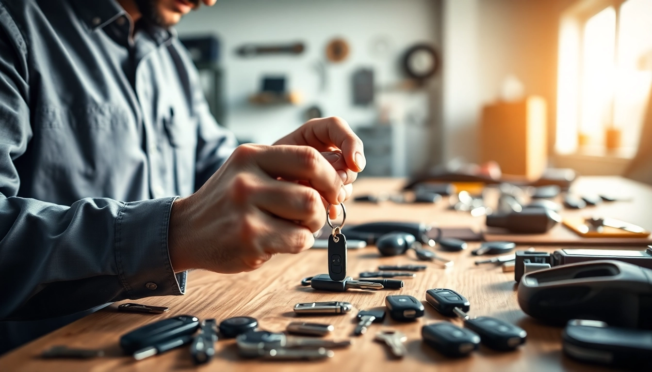 Crafting replacement car keys by a professional locksmith in a detailed workshop setting.