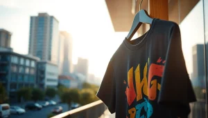 Show unique graphic t-shirt hanging in an urban setting with vibrant design and textures.