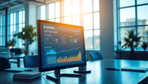 Analyze AI detection results displayed on a sleek computer screen in a bright office.