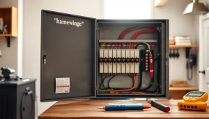 View of a professional electrical panel revealing circuit breakers and wiring details.