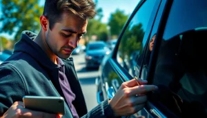 Person searching pockets for Keys Locked in Car while looking stressed in a busy parking lot.