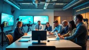 Engaging financial services video production scene with diverse professionals collaborating effectively.