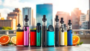 Showcase RAZ 9K disposable vapes prominently with colorful e-liquid flavors in an urban setting.