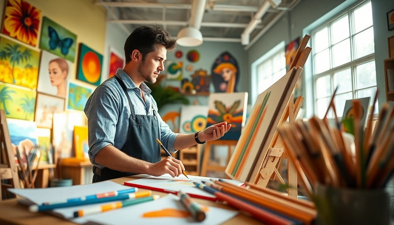Engaging art lessons demonstrate techniques in a bright studio filled with vibrant colors and tools.