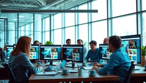 Creating innovative website design in kansas city with a collaborative team in a modern workspace.