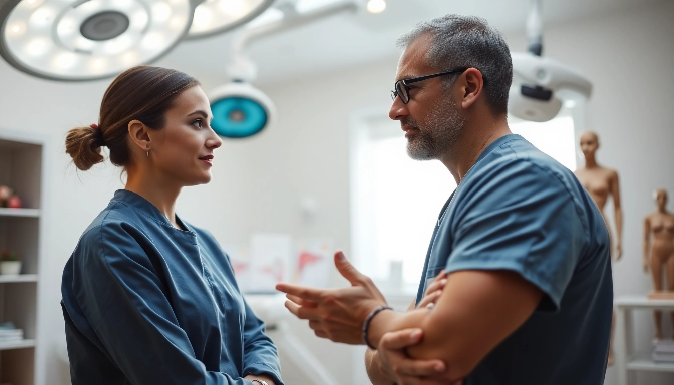 Schönheitschirurgie Braunschweig, erfahrener Arzt berät eine Patientin in einer modernen Klinik.
