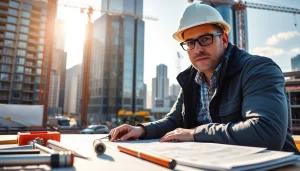 Manhattan Construction Manager overseeing a busy construction site with cranes and plans.