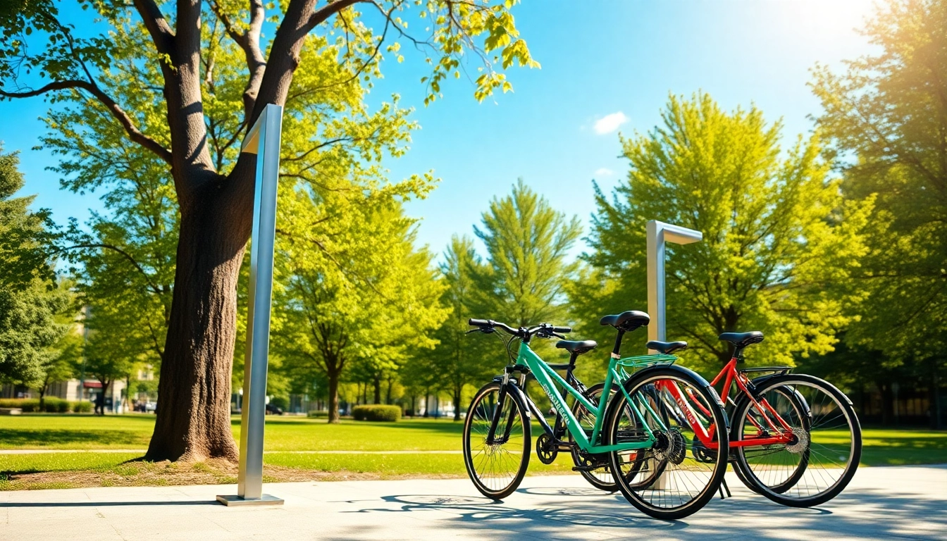 Modern bike rack displaying multiple bicycles in an urban park setting with a clear blue sky.