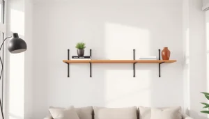 Stylishly showcasing a minimalist wall rack in a contemporary room design.