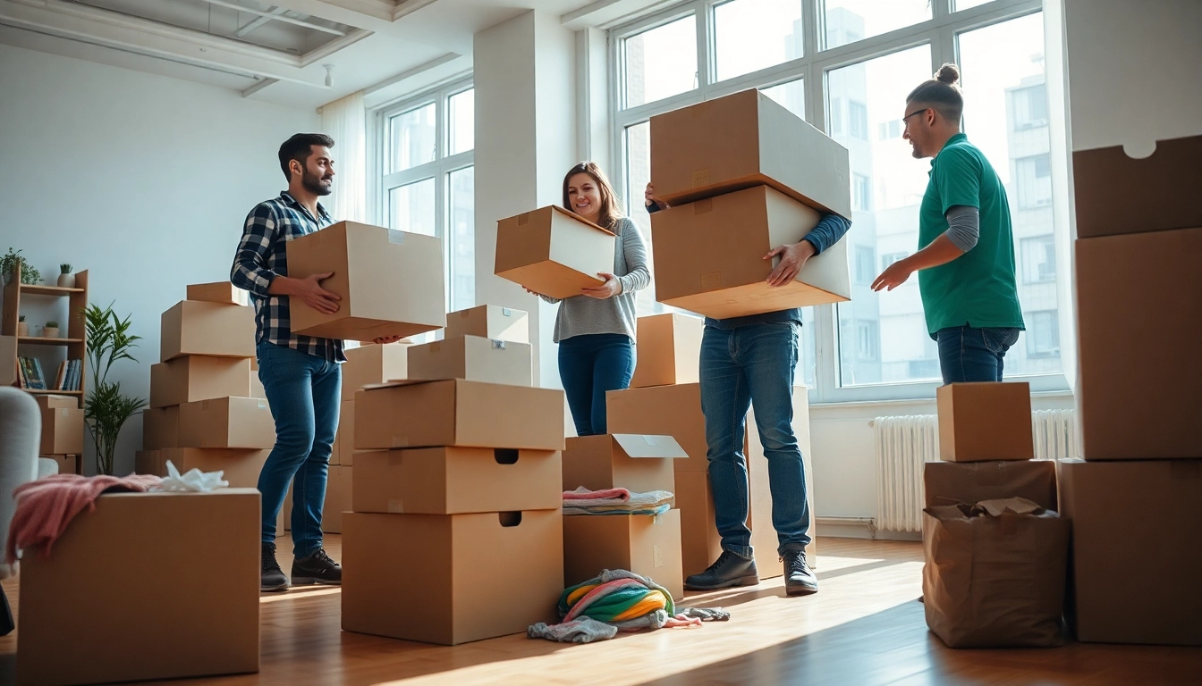Bronx movers helping a family pack their belongings in a bright apartment.