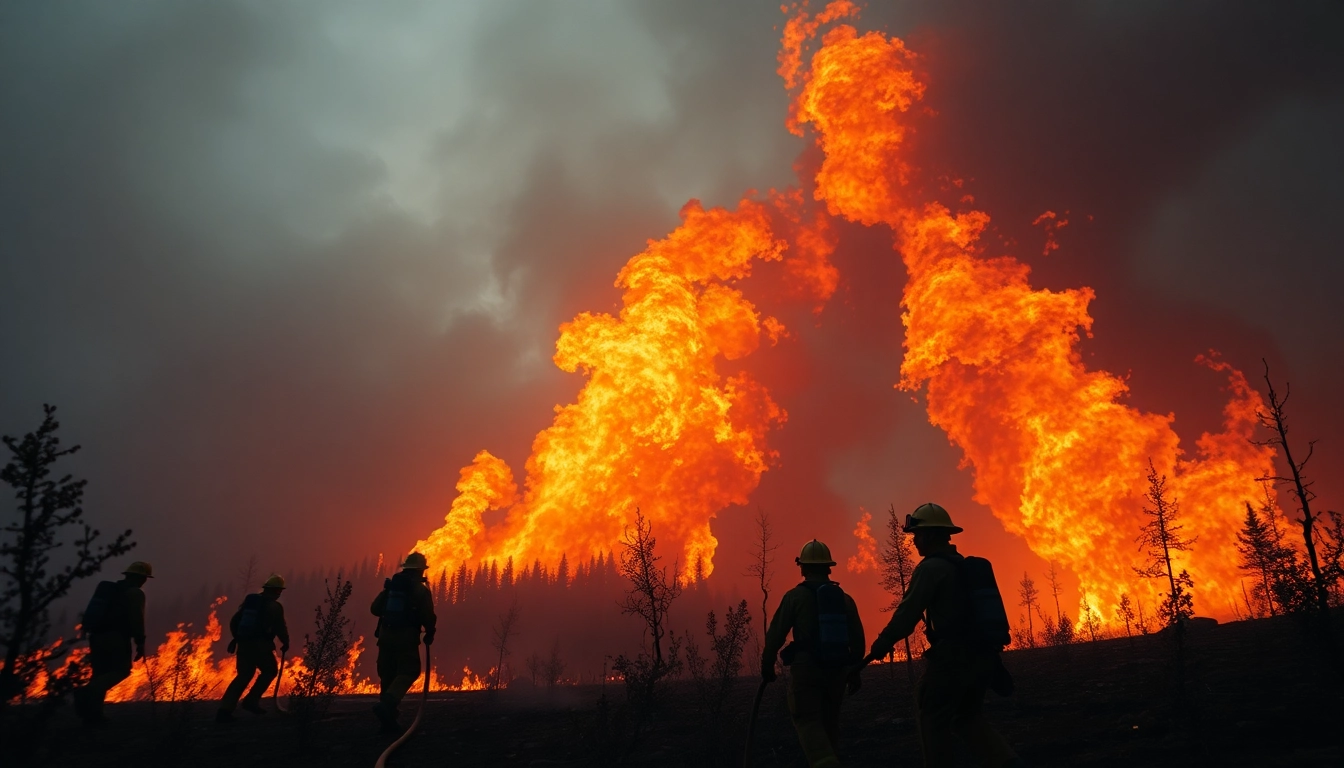 Firefighters combating wildfire events in a dramatic landscape of flames and smoke.