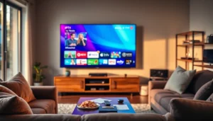 Comparar Listas IPTV en un entorno acogedor con un televisor y una decoración moderna.