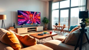 Comprar IPTV en un moderno sala de estar con un televisor mostrando contenido vibrante.